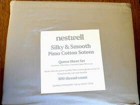 21243 Nestwell New Queen Sheet Set 500 Ct. Pima Cotton Sateen Harbor Mist