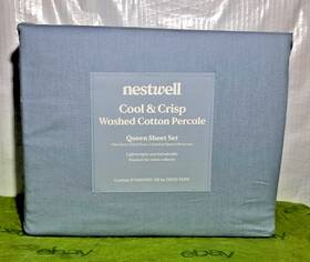Nestwell 444800373054 Cool And Crisp Washed Cotton Percale Queen Sheet Set Blue