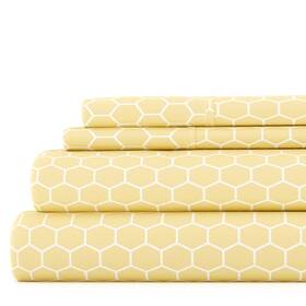 Nl-4pc-hoc-k-ye Noble Linens 4 Piece Pattern Microfiber Bed Sheets Set Yellow Honeycomb King