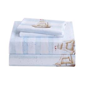Tj0407 Ocharo Nautical Sailboat Full Size Sheets Set Kids Soft Microfiber Blue Ocean