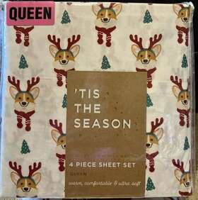 Sho-9814 Oeko-tex Christmas Bed Sheet Set Corgi Dog Puppy New Queen Fast Shipping
