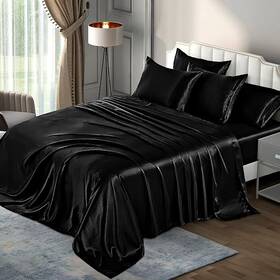 P Pothuiny 779640683231 Satin Sheets Bedding Sheet Set Pillow Case Deep Pocket Queen Black 6-pc