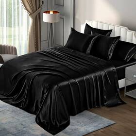 Jinyin201215-0001 P Pothuiny 6 Pieces Queen Satin Sheets Luxury Silky Black Bedding Sheet Se