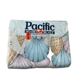 Pacific Home Products 034086531707 Vintage Percale 4 Piece Sea Shell Queen Sheet New Nos Pink Blue Beach
