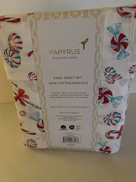 Papyrus 729016537477 New Candy Cane Red 100% Cotton Percale King Sheet Set