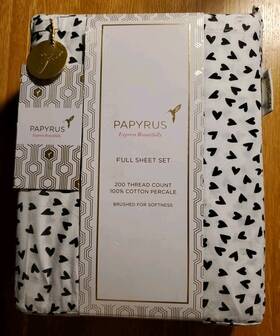 Papyrus 729016873353 White Full Sheet Set 100% Cotton Percale Black Hearts Valentines Day