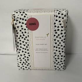 Papyrus 729016873384 White/black Heart King Sheet Set 100% Cotton Percale Deep Pocket Fit Nwt