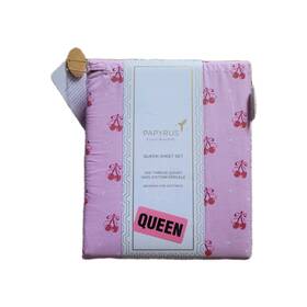 Papyrus 729016873421 Queen Bedsheet Set Cherry Coquette Pink Red Cherries Bows 100% Cotton Papyrus 729016873421 Queen Bedsheet Set Cherry Coquette Pink Red Cherries Bows 100% Cotton