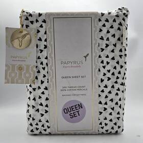 N0n3 Papyrus Queen Sheet Set 100% White Vcotton Percale Black Hearts Valentines Day