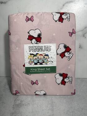 Peanuts 198062174859 Snoopy Christmas Holidays Red Pink Bows King Sheet Set New