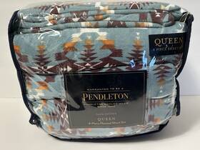 1545710 Pendleton New Queen 4 Piece Flannel Sheet Set 94 Inch X104 Avra Valley Teal Cotton