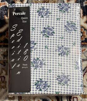 Percale 642806018034 Nos Vtg Special Edition Blue Floral Queen Sheet 4 Piece Set 180 Thread