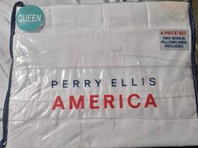 Perry Ellis 883893532168 New White Poly Queen Size Sheet Set With Four Pillow Cases Perry Ellis 883893532168 New White Poly Queen Size Sheet Set With Four Pillow Cases