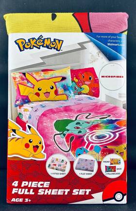 Pokemon 073558825784 New Pokeman Pikachu 4-pc Full Size Microfiber Sheet Set Flat Fitted 2 Cases Nip