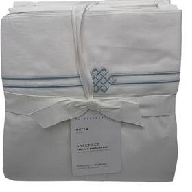 2166384 Pottery Barn Emilia Embroidered Organic Percale Sheet Set Queen White Sea Glass