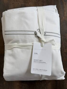 3089978 Pottery Barn Emilia Embroidered Organic Percale Sheet Set King White/gray Mist