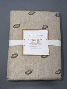 3262819 Pottery Barn Teen Heritage Football Sheet Set Queen Size Natural Color New