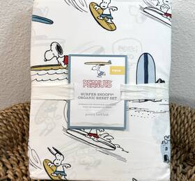 3942623 Pottery Barn Kids Peanuts Snoopy Surf Sheet Set Twin White Soft Organic Cotton