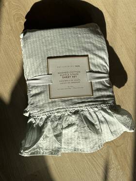 4279982 Pottery Barn Teen Washed Cotton Ruffle Stripe Sheet Set Green/white Xl Twin