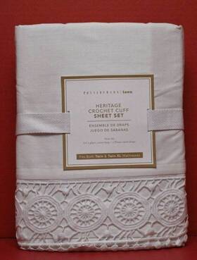 6231698 Pottery Barn Teen Heritage Crochet Cuff Sheet Set Twin/twinxl White Nwt