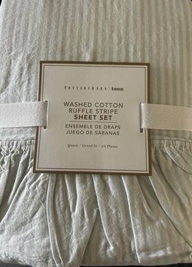 9636901 Pottery Barn Teen Washed Cotton Ruffle Stripe Queen Sheet Set 4/pcs Seaglass Nwt
