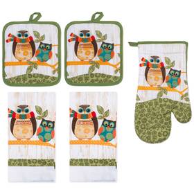 Kls02351 Premius 5 Piece Printed Kitchen Linen Set Owls 2 Cotton Towels Pot Holders