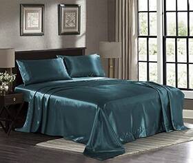 Pure Bedding 735632943509 Satin Sheets Full 4-piece Teal Hotel Luxury Silky Bed - Extra Soft