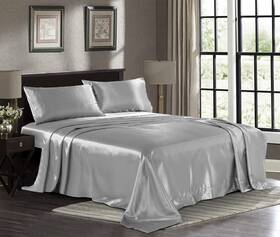 Pure Bedding 735632943714 Satin Sheets King 4-piece Silver Hotel Luxury Silky Bed - Extra Sof