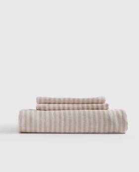 48837 Quince Nwt European Linen Fitted 3 Piece Sheet Set Cal King Natural White Stripe