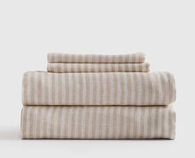 60677 Quince Nwt European Linen 4 Piece Queen Sheet Set Natural White Stripe