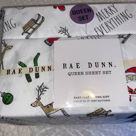 1125 Rae Dunn 192598905864 Christmas 4 Pc Reindeer Queen Sheet Set Merry Everything New