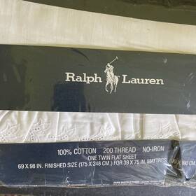 Ralph Lauren 028828063106 Bromley Patience White Twin Flat Sheet Eyelet Ruffle 100% Cotton