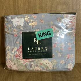 T200 Ralph Lauren 028828075963 Vtg Island Blue Floral One King Deep Fitted Sheet 100% Cotton New