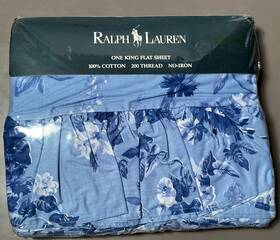 Ralph Lauren 028828222053 New Isadora Delft Blue Floral Ruffled Flat Sheet - King