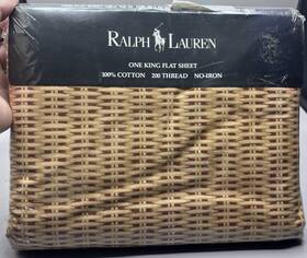 Ralph Lauren 028828252395 New Vintage King Flat Sheet Basketweave Wicker 1990 Nos
