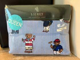Ralph Lauren 028828687951 Polo Teddy Bear Blue White Striped Flat Sheet Queen New Nip