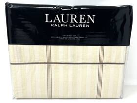 Ralph Lauren 886087390025 Allie Stripe King Sheet 4pc Set 100% Cotton Cream Flax Brown Nip