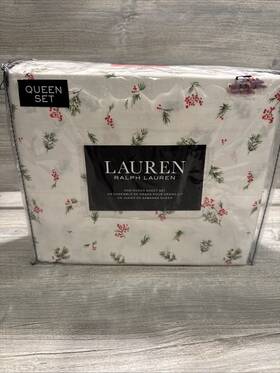 Ralph Lauren 886087422696 Queen Sheet Set Holly Berry Mackenzie Chic Cream 4pc Red Green Pine