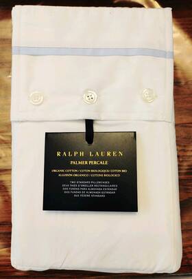 Ralph Lauren 886087433845 Palmer Percale Organic Standard Pillowcases Pk/2 White Sky Blue Nwt