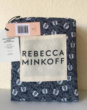 Rebecca Minkoff 816651029525 Navy Bandana Queen Sheet Set Cotton Percale Dark White New