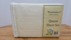 Renaissance 655385104135 Eyelet Collection Queen Sheet Set Ivory 200 Thread Count Cotton Poly