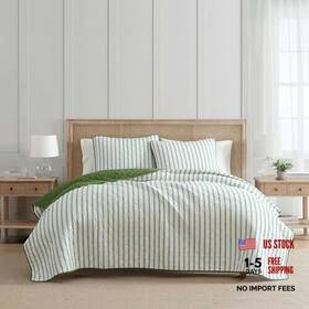 Revman International A0010545 Quilt Set 100% Soft And Breathable Bedding With A Queen Ticking Stripe Green