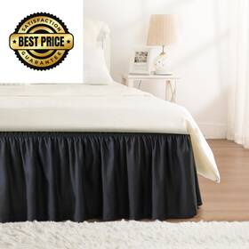 Q051018qaabl Rimela Bed Skirt Wrap Around Elastic Dust Ruffles Solid Queen-18 Inch Drop Black