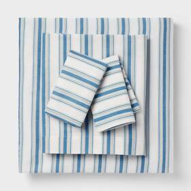 Room Essentials 198850084933 King Cotton Blend Sateen Sheet Set Blue Texture Stripe Size