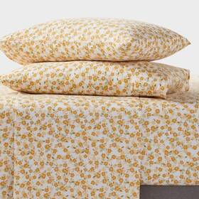 Room Essentials 198850085312 Easy Care Cotton Sateen Yellow Floral Queen Size 4 Pc Sheet Set