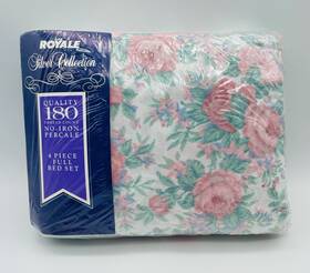 Royale 011342815917 Vintage Silver Collection Full Sheet Set Pink And Green On White Floral New