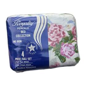 54462-10013 Royalty Percale No Iron 4-piece Full Sheet Set Floral White Roses Nip