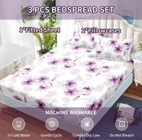 Royberry Mg663204 King 3 Pc Floral Fitted Sheet Set Purple White Microfiber Deep Pocket