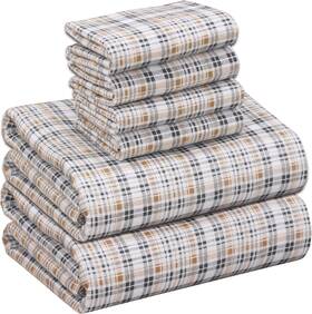 Flst6m2025 Ruvanti Flannel Sheets Queen Size 6 Pcs - 100% Cotton Sand Tartan