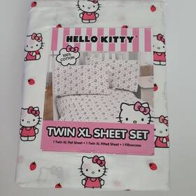 Sanrio 032281108335 Hello Kitty Twin Xl White Sheet 3pc Set With Strawberry Pattern 100% Cotton New